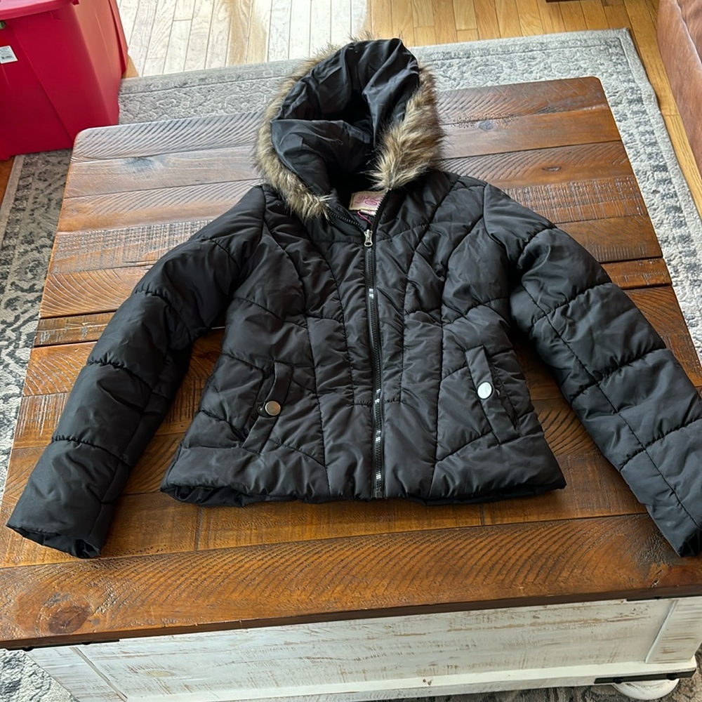 Pink Envelope Black Puffer Jacket with Faux Fur Hood